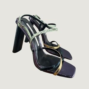 Zara Strappy Block Heel Sandals Womens 40 9 9.5 Multicolor Metallic Snakeskin